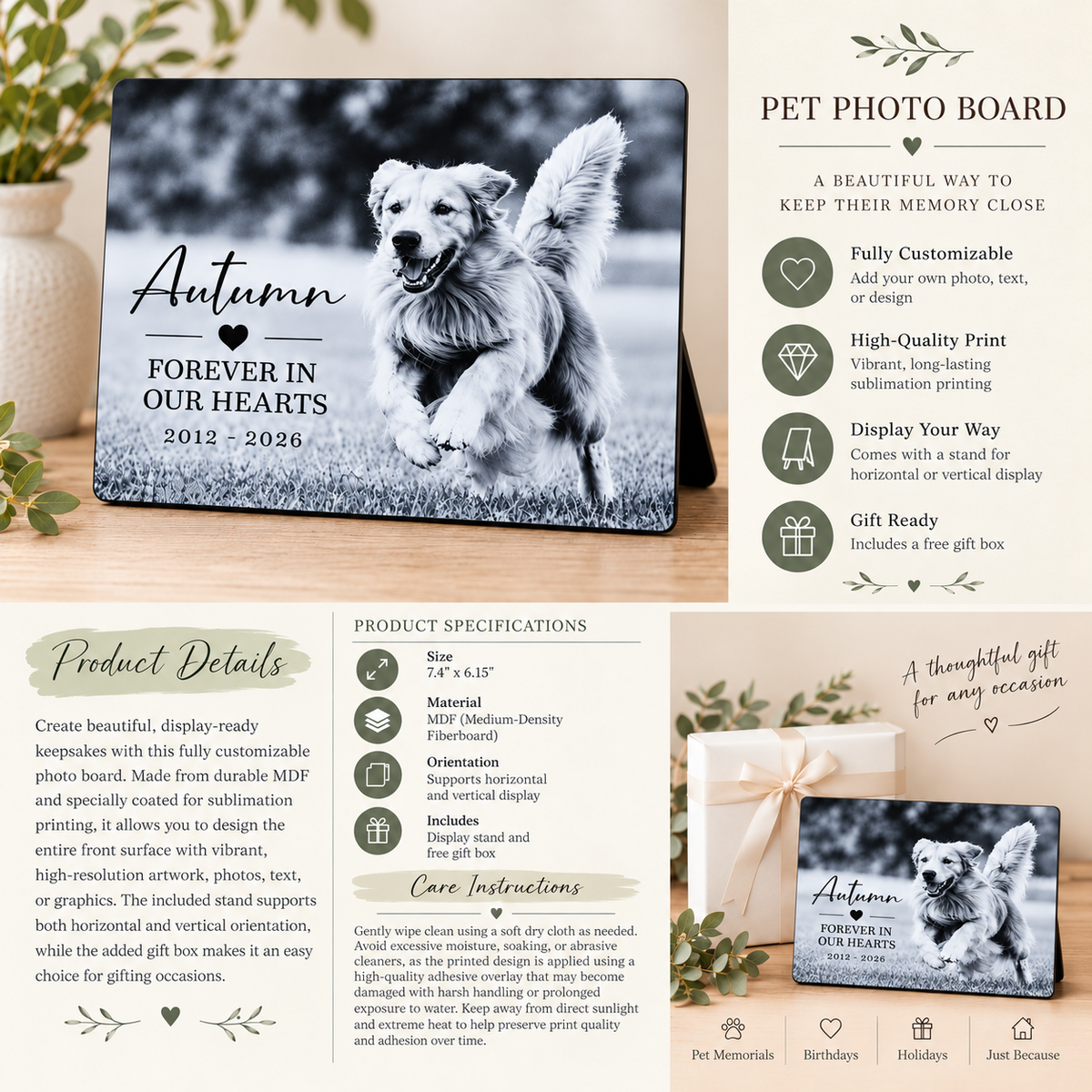 Personalized Pet Memorial Photo Board, Custom Dog, Cat, Horse or Pet Remembrance Gift, Pet Loss Keepsake, Rainbow Bridge Memorial Plaque